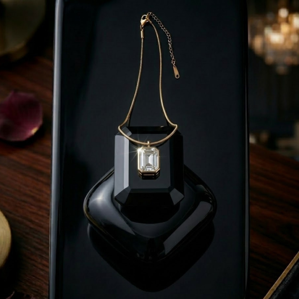 Emerald-Cut Clear Crystal Gold Pendant Necklace