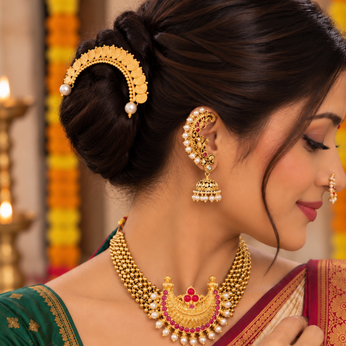 Gold Plated Kasu Arch Hair Pin with Pearl