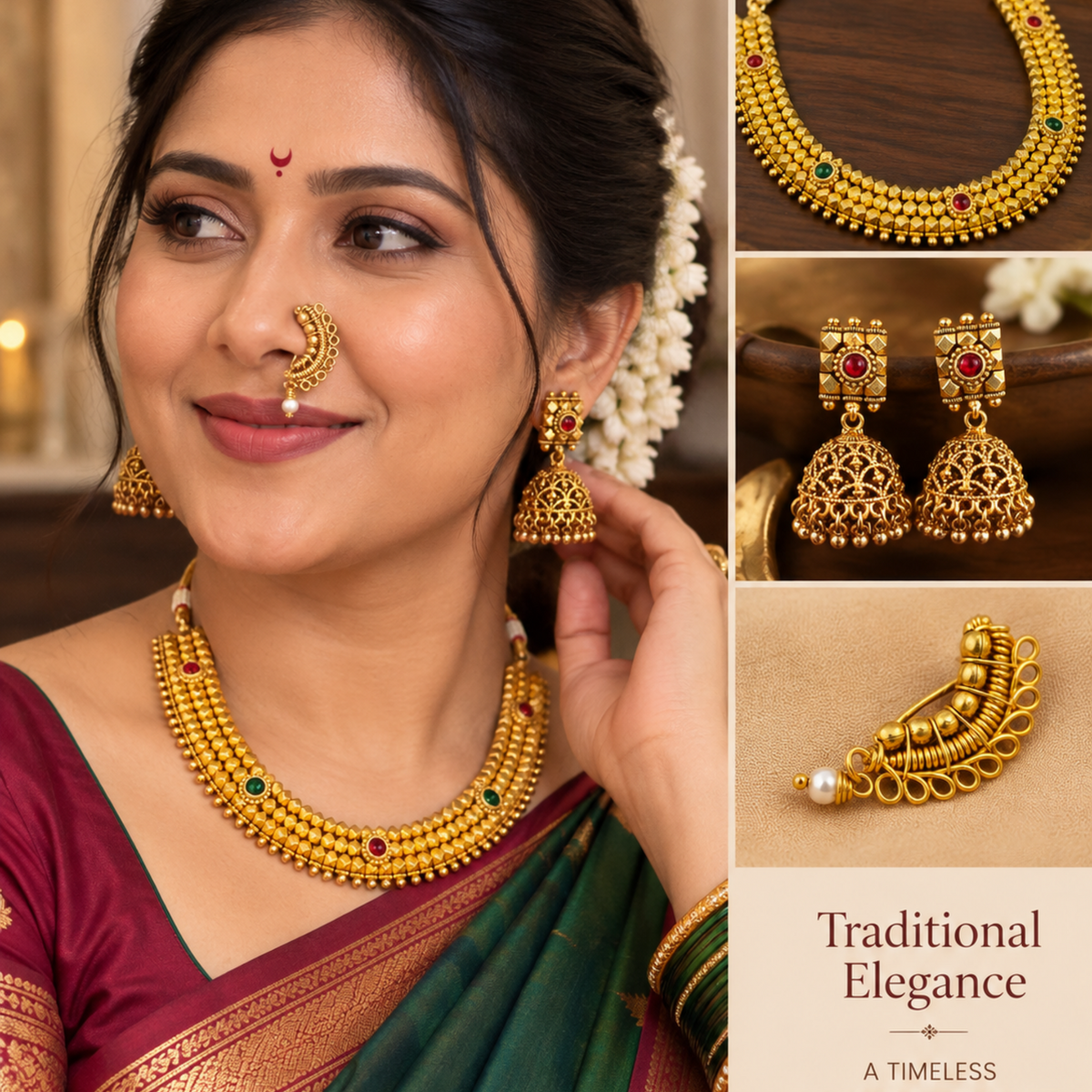 Emerald Green Ashtapailu 3-Layer Necklace and Earrings Set