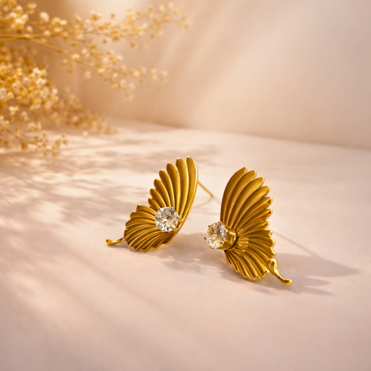 Gold Butterfly Crystal Stud Earrings
