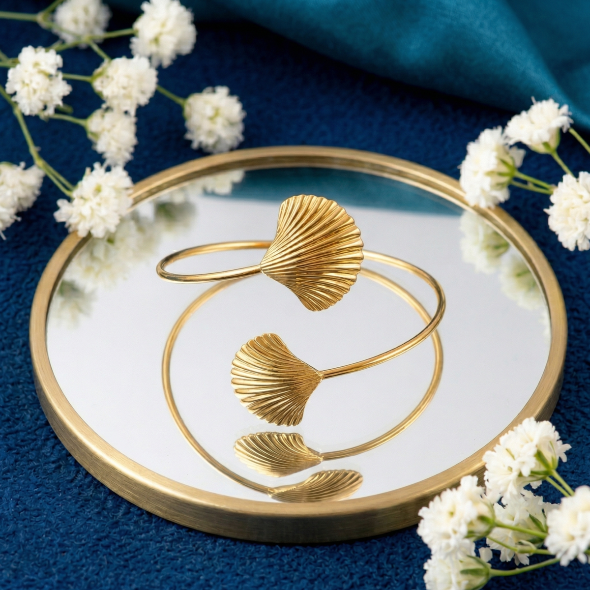 Gold Seashell Motifs Open Arm Cuff Bracelet