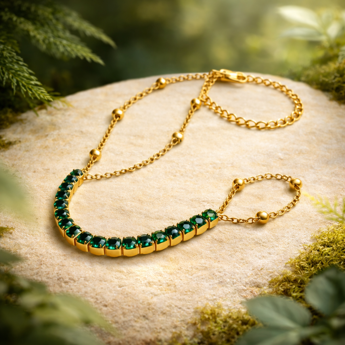 Luxe Emerald Green Style Gold Hand Harness Bracelet