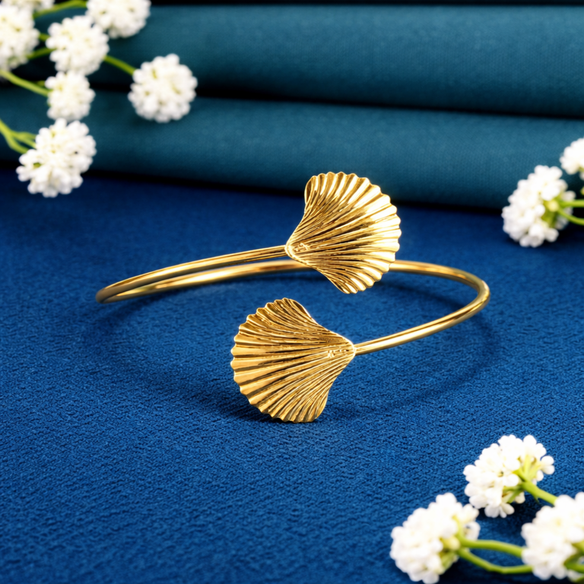 Gold Seashell Motifs Open Arm Cuff Bracelet