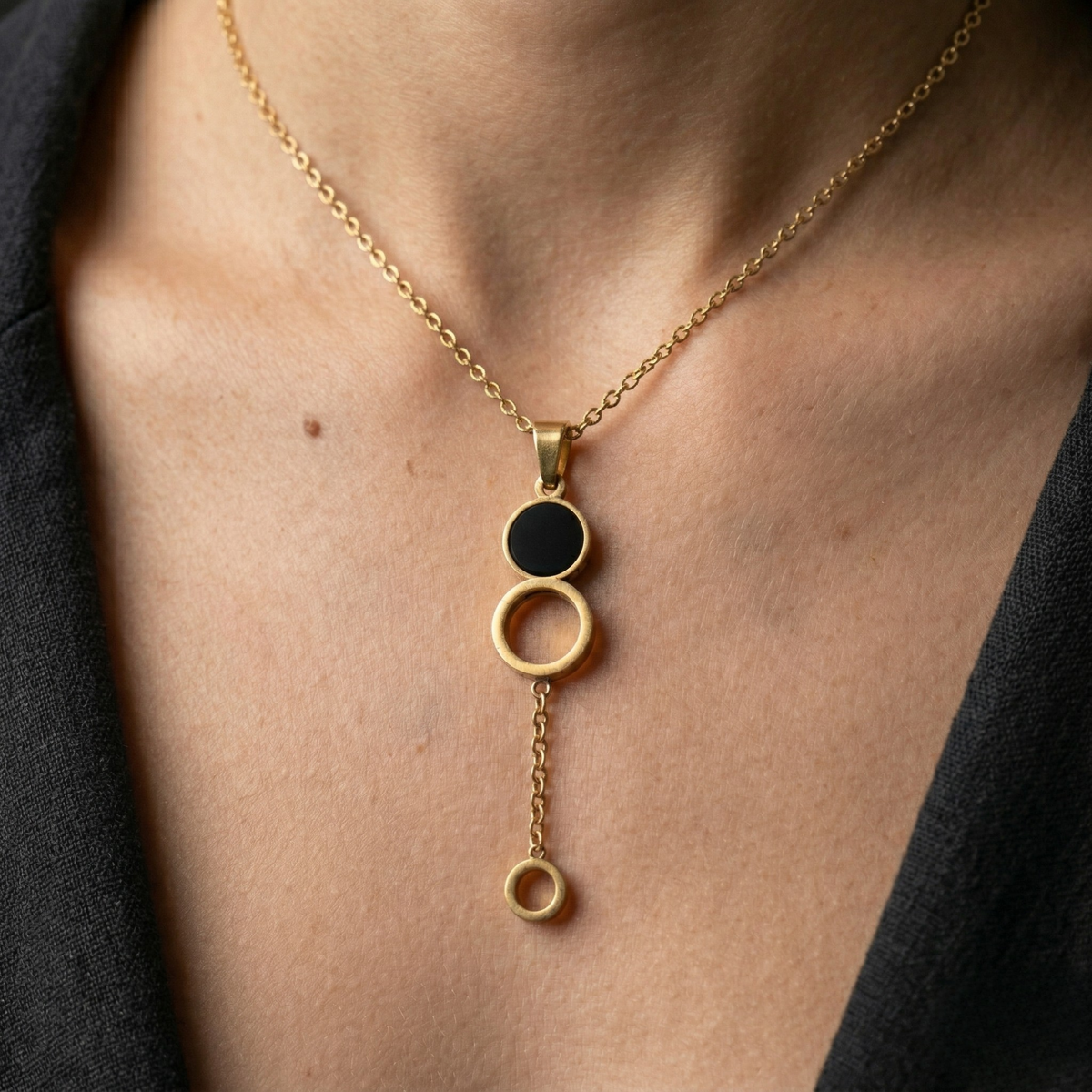 Geometric Black Stone Gold Pendant Necklace