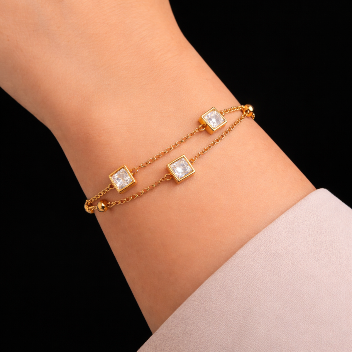 Princess Cut Crystal Dual Chain Gold Bracelet
