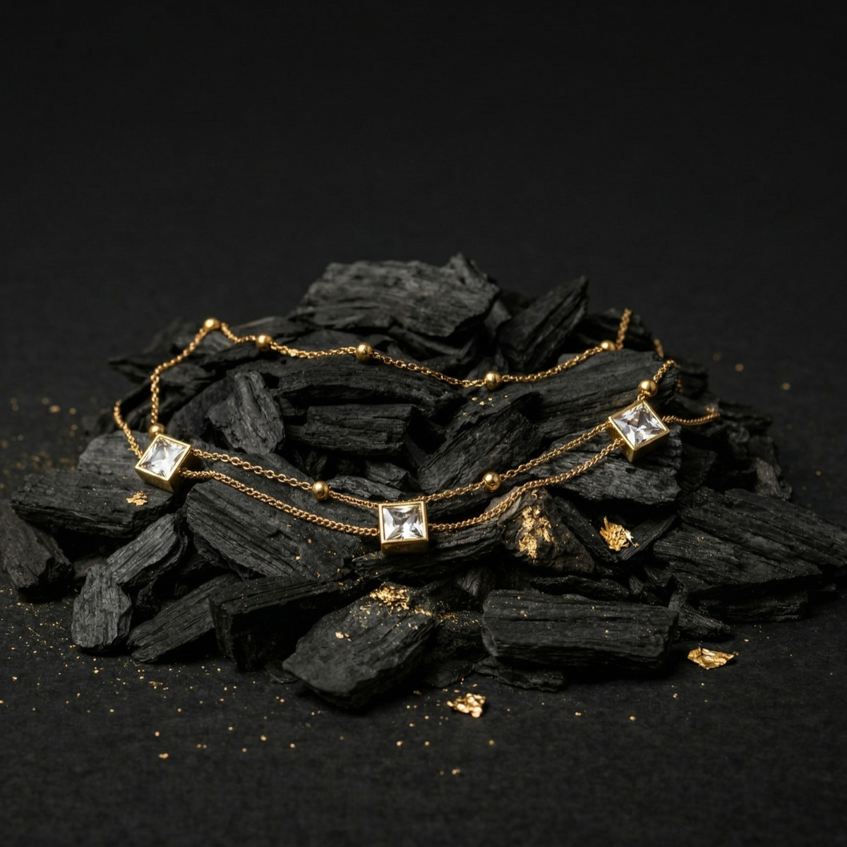 Princess Cut Crystal Dual Chain Gold Bracelet