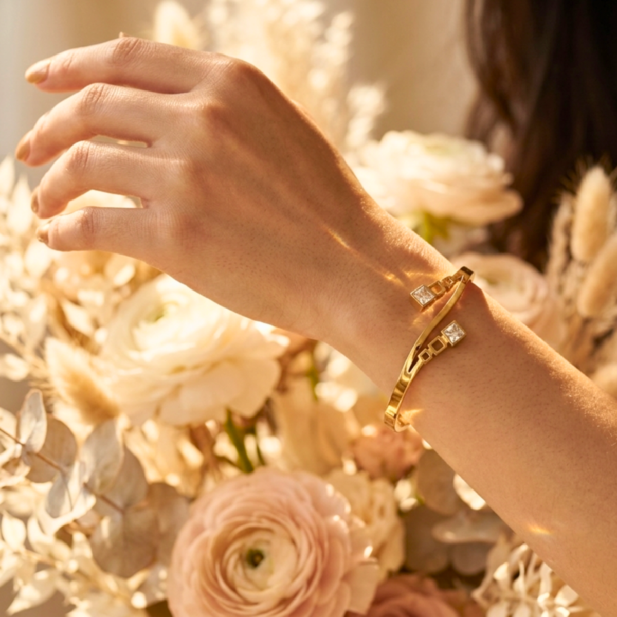 Aurora Twin Crystal Gold Open Cuff Bracelet Kada