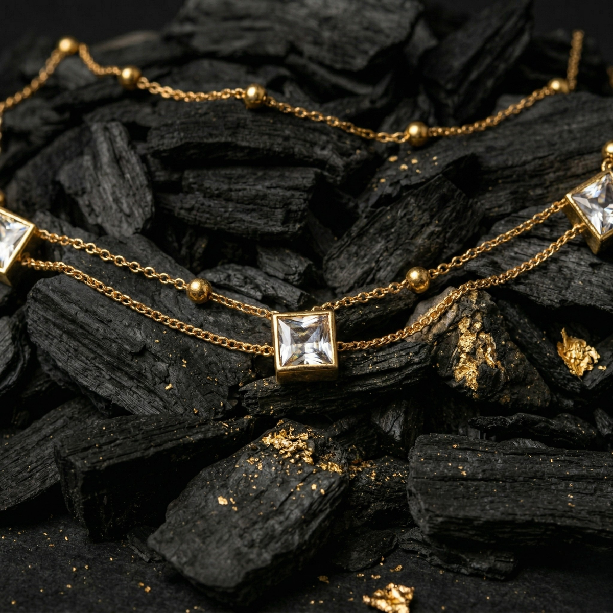 Princess Cut Crystal Dual Chain Gold Bracelet
