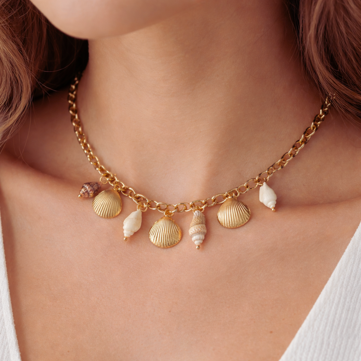 Gold Seashell Charm Chain Necklace