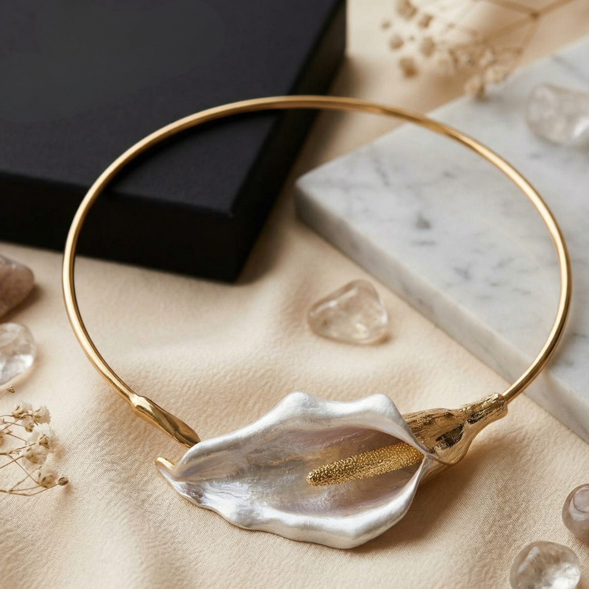 Gold Calla Lily Sculptural Collar Necklace with Pearl Petal