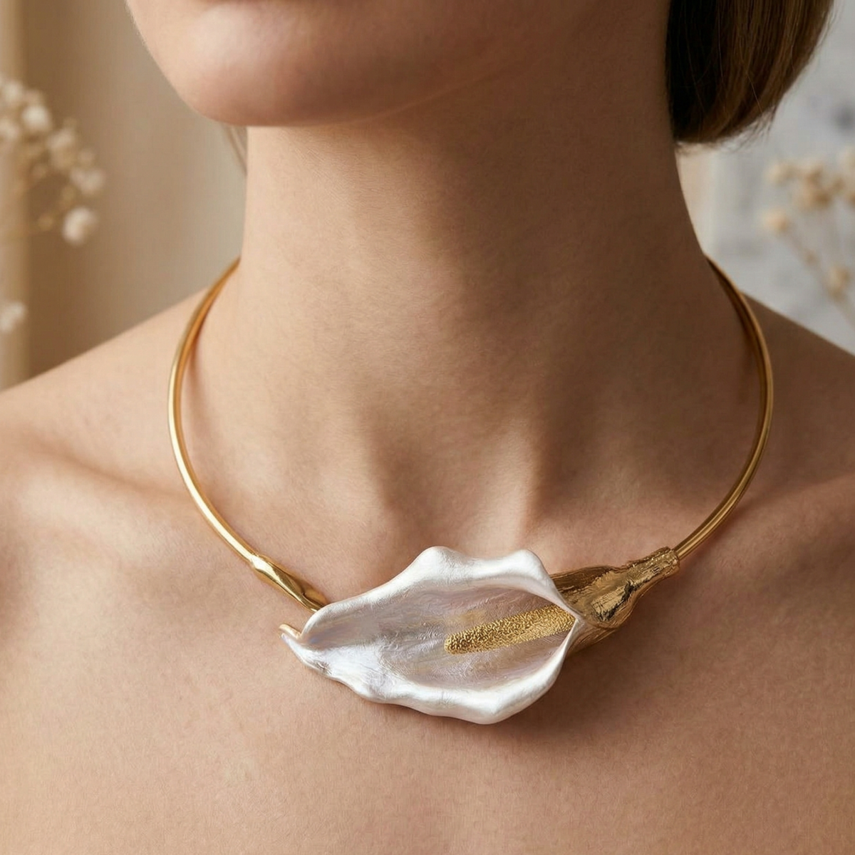 Gold Calla Lily Sculptural Collar Necklace with Pearl Petal