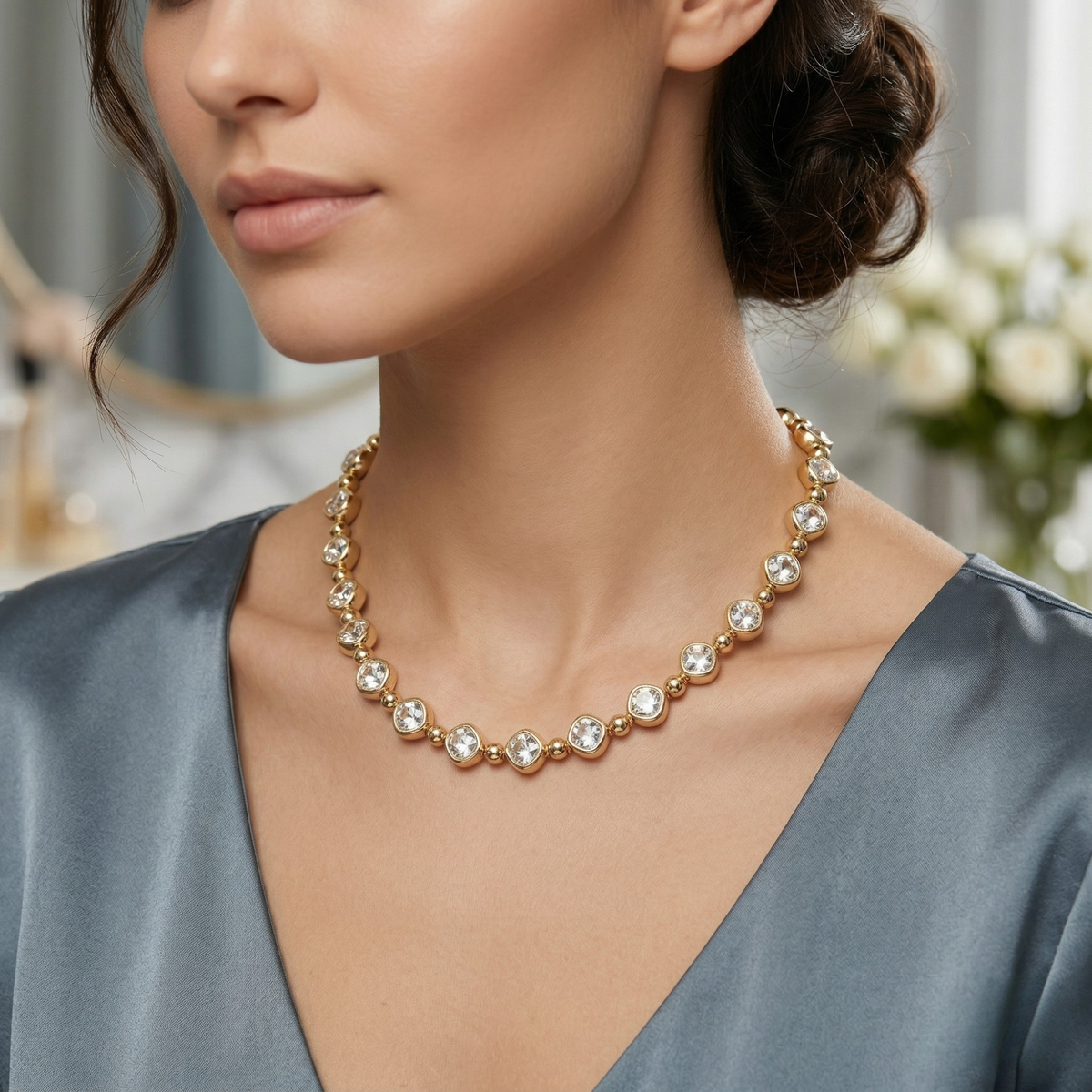Gold Bezel-Set Crystal Tennis Choker Necklace