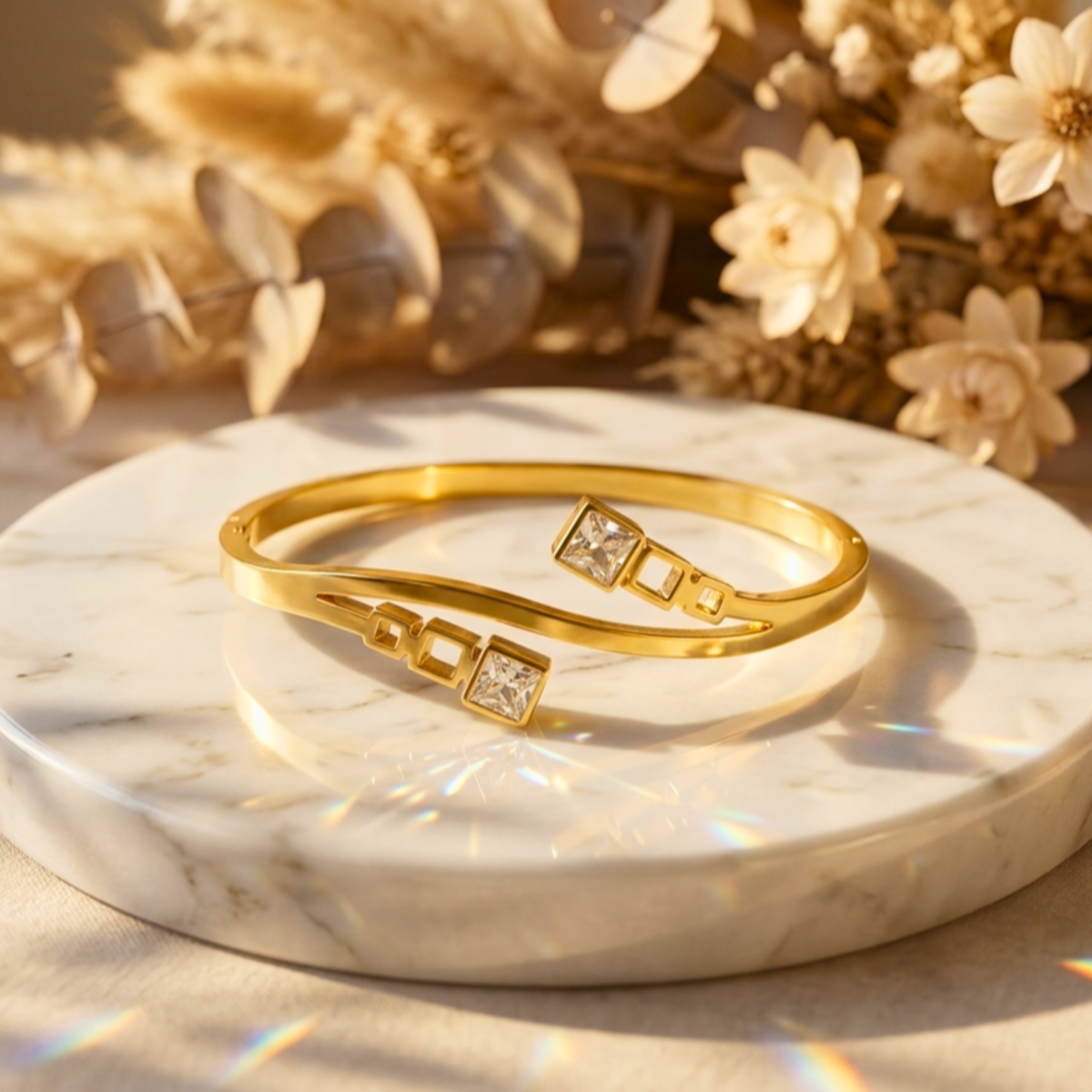 Aurora Twin Crystal Gold Open Cuff Bracelet Kada