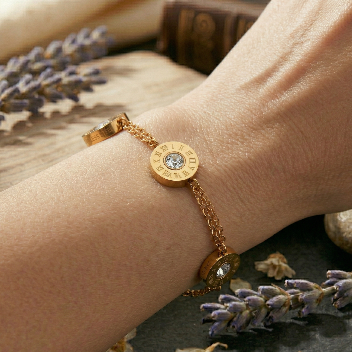 Gold Triple Crystal Circle Chain Bracelet
