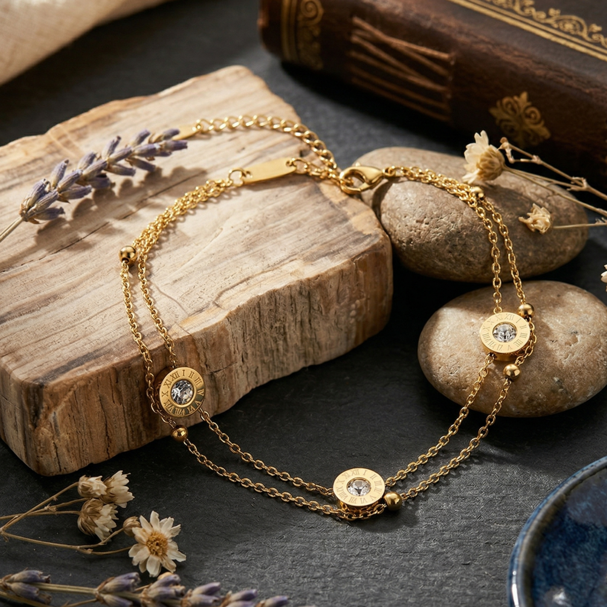Gold Triple Crystal Circle Chain Bracelet