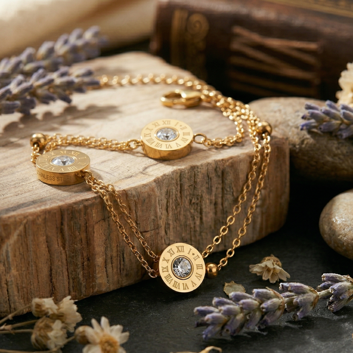 Gold Triple Crystal Circle Chain Bracelet