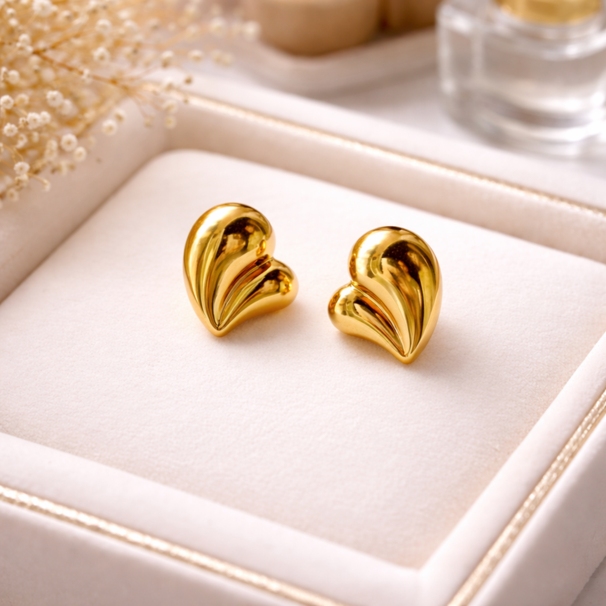 Gold Puffed Heart Stud Earrings