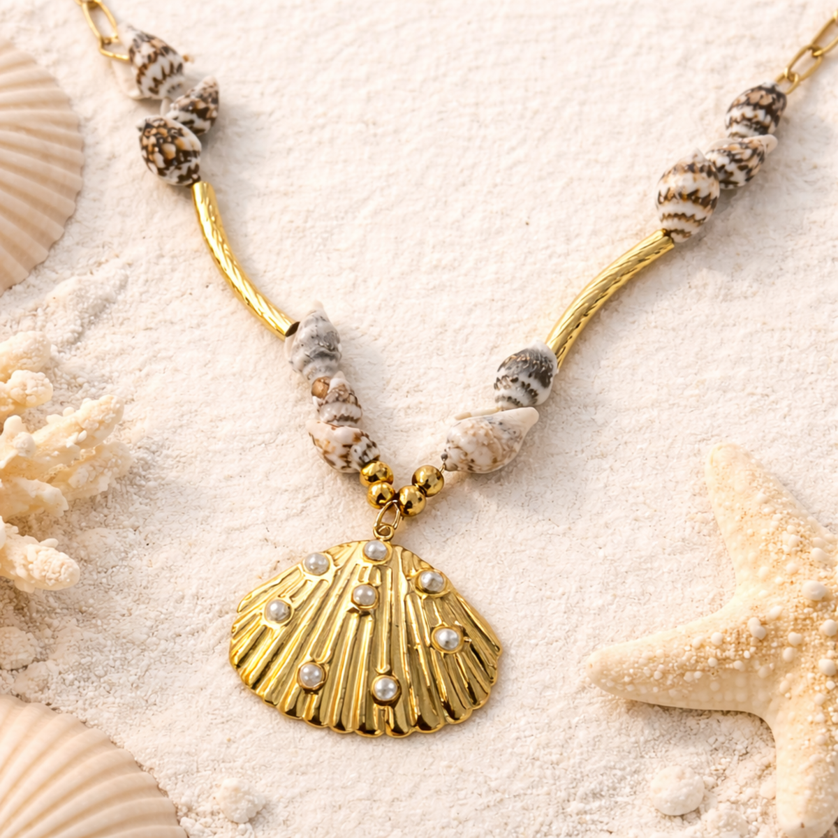 Ocean Pearl Scallop Shell Statement Necklace