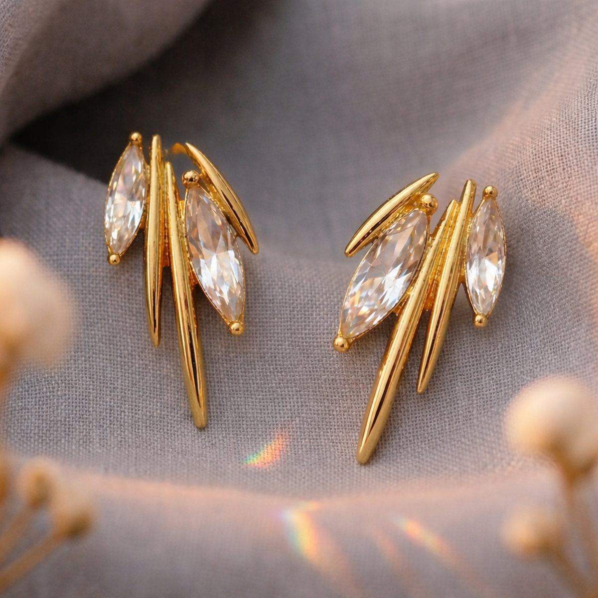 Gold Navette Crystal Ear Crawler Earrings