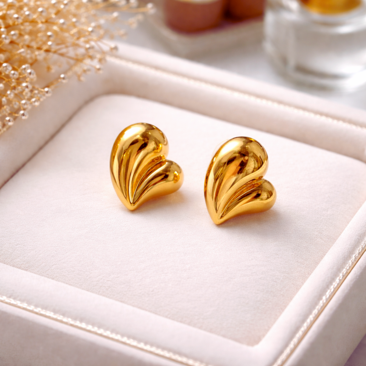 Gold Puffed Heart Stud Earrings