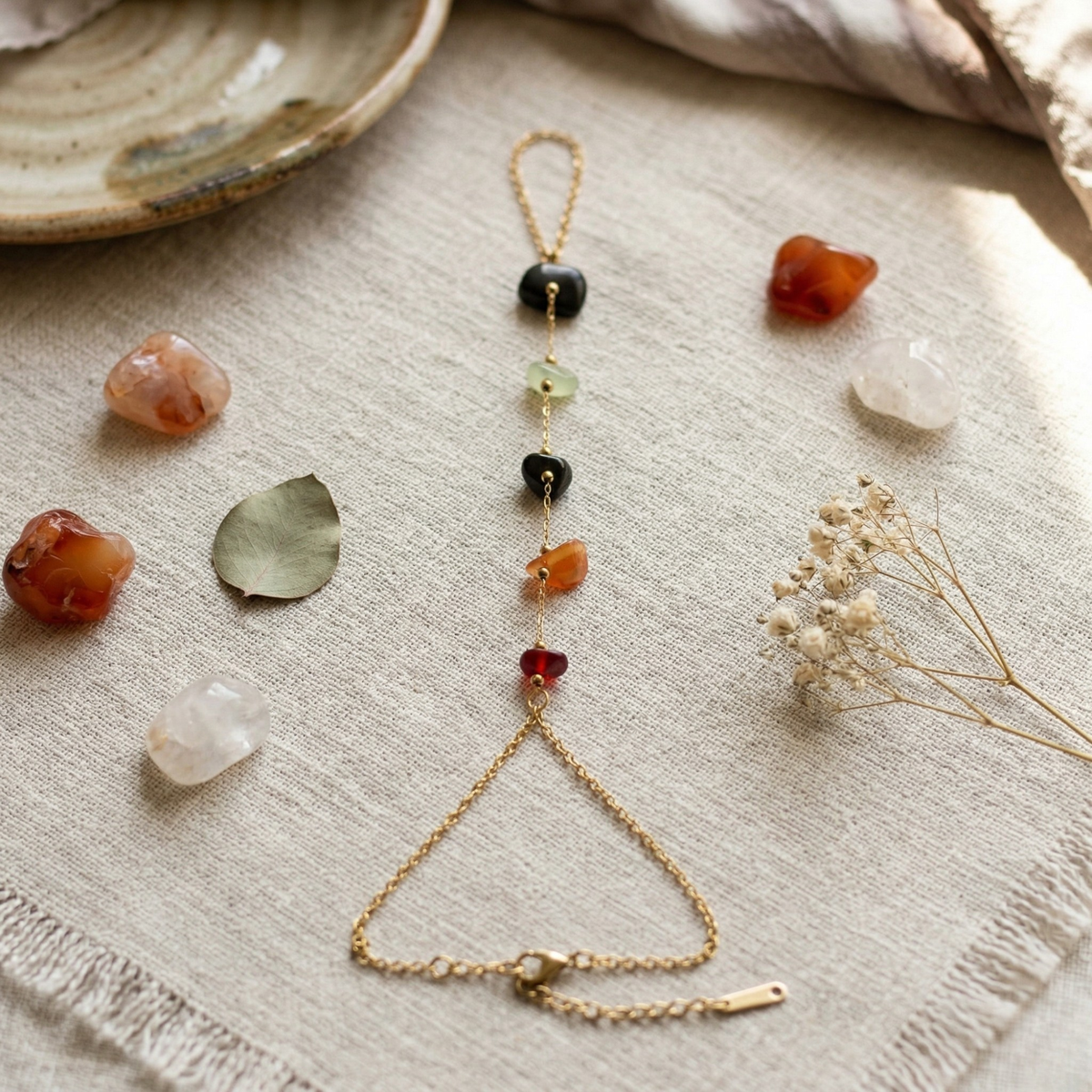 Onyx and Amber Gemstone Hand Harness Bracelet
