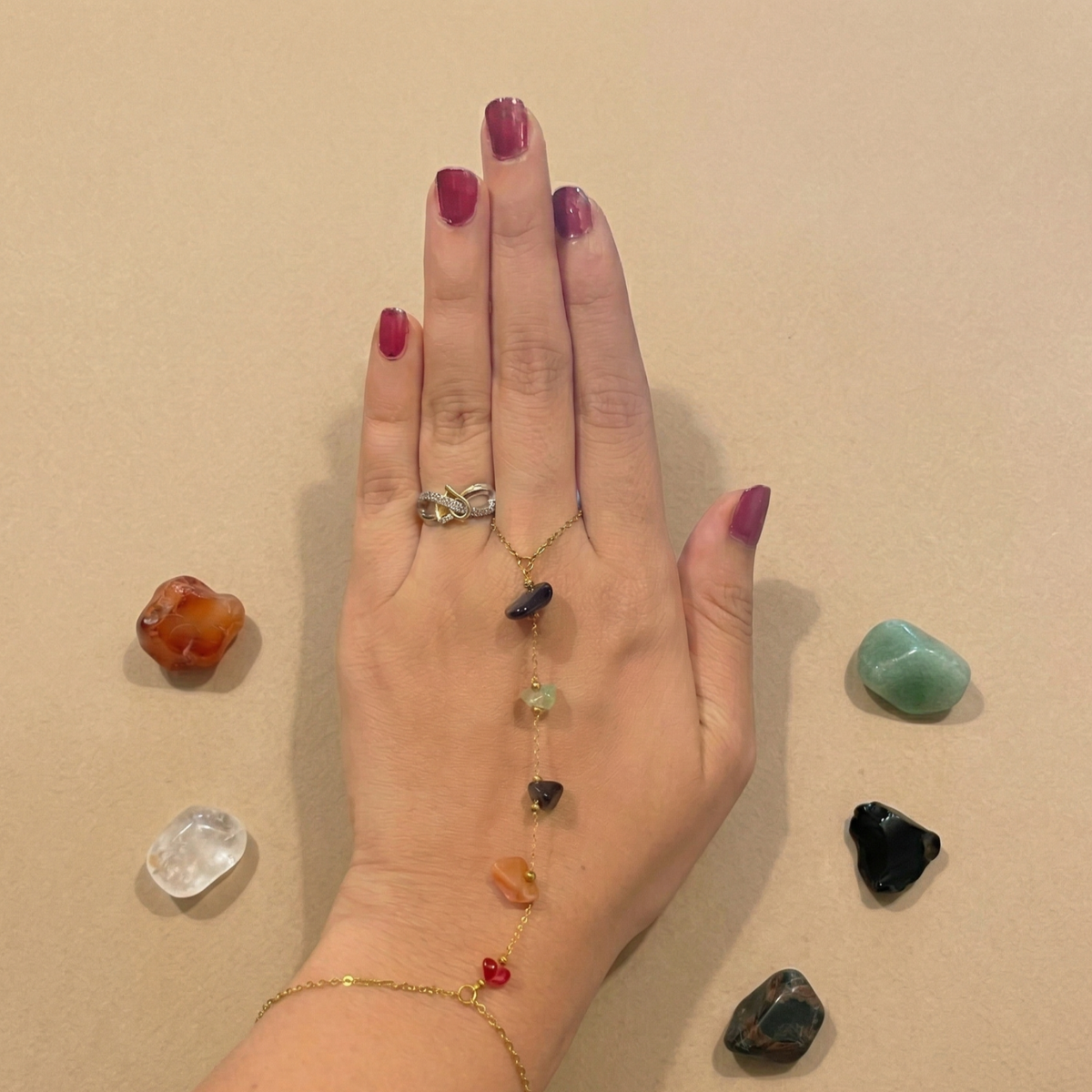 Onyx and Amber Gemstone Hand Harness Bracelet