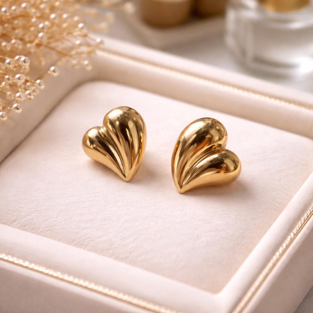 Gold Puffed Heart Stud Earrings
