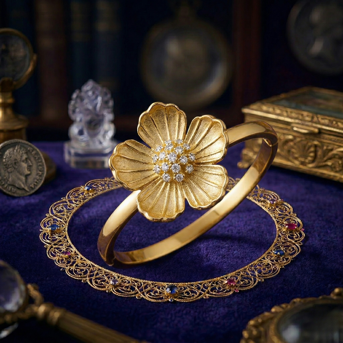 Golden Blossom Crystal Flower Bracelet Kada