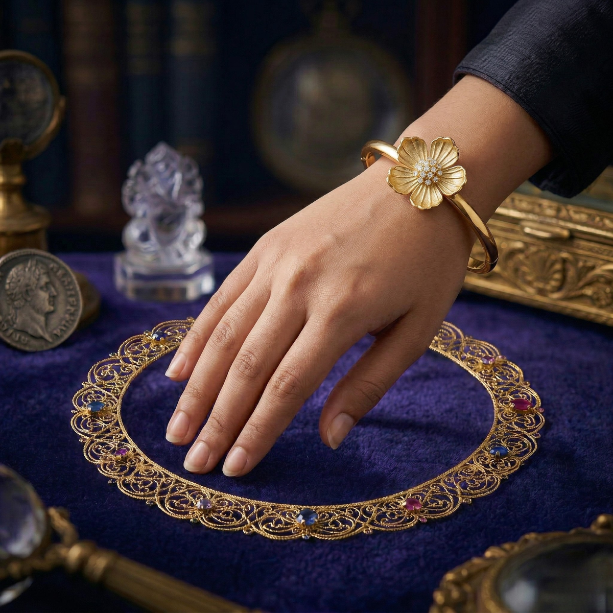 Golden Blossom Crystal Flower Bracelet Kada