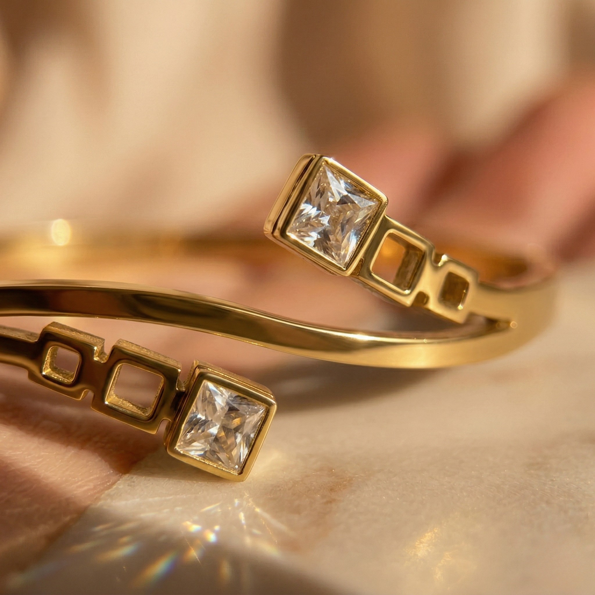 Aurora Twin Crystal Gold Open Cuff Bracelet Kada