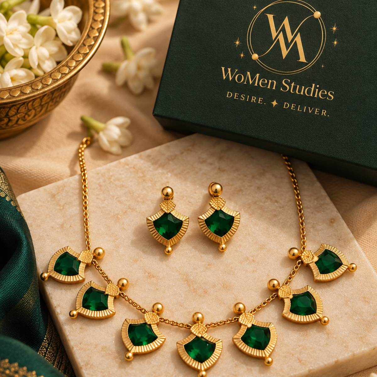 Traditional Green Palakka Necklace and Earrings Set
