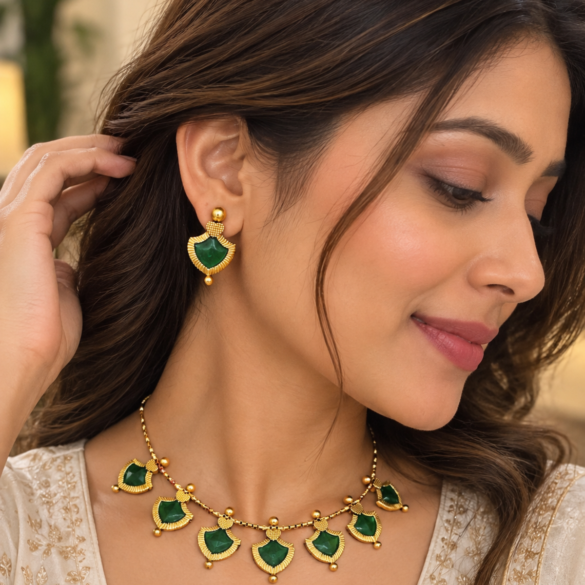 Traditional Green Palakka Necklace and Earrings Set