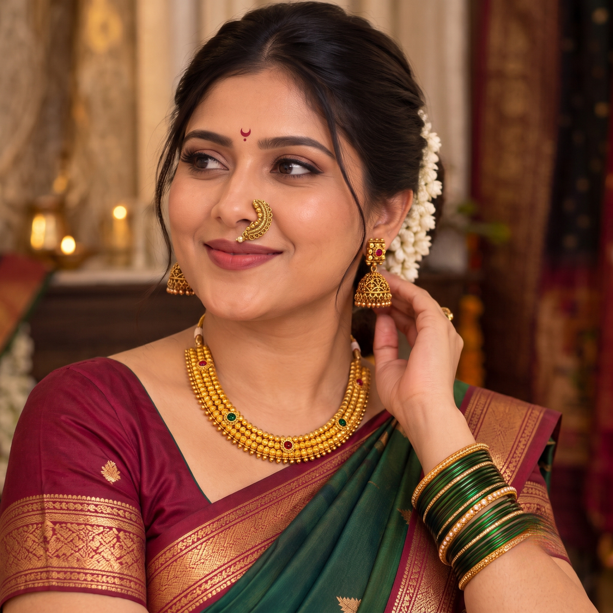Emerald Green Ashtapailu 3-Layer Necklace and Earrings Set