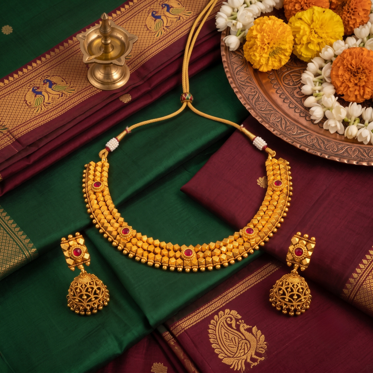 Ruby Ashtapailu 3-Layer Necklace and Earrings Set
