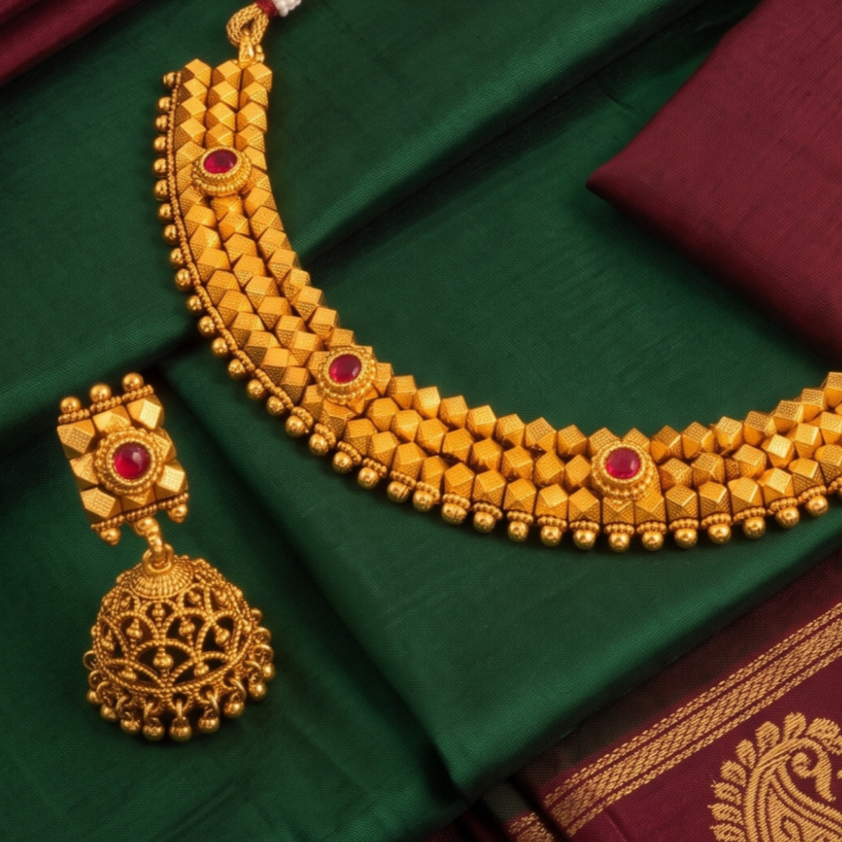 Ruby Ashtapailu 3-Layer Necklace and Earrings Set