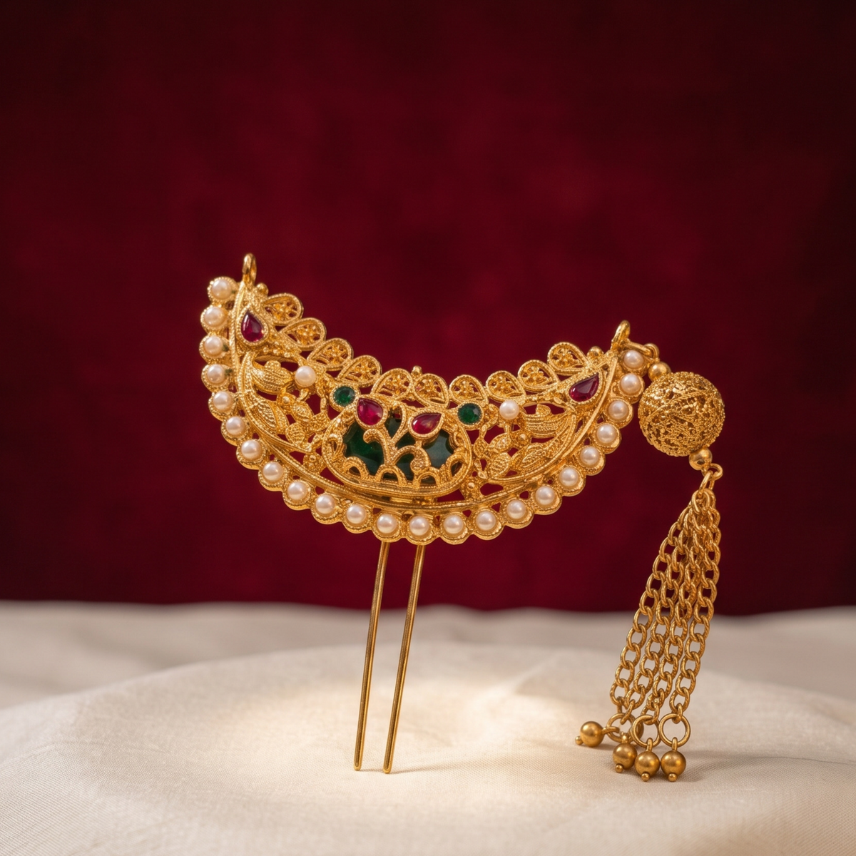 Gold-Plated Hairpin with Pearls, Kundan & Tassel