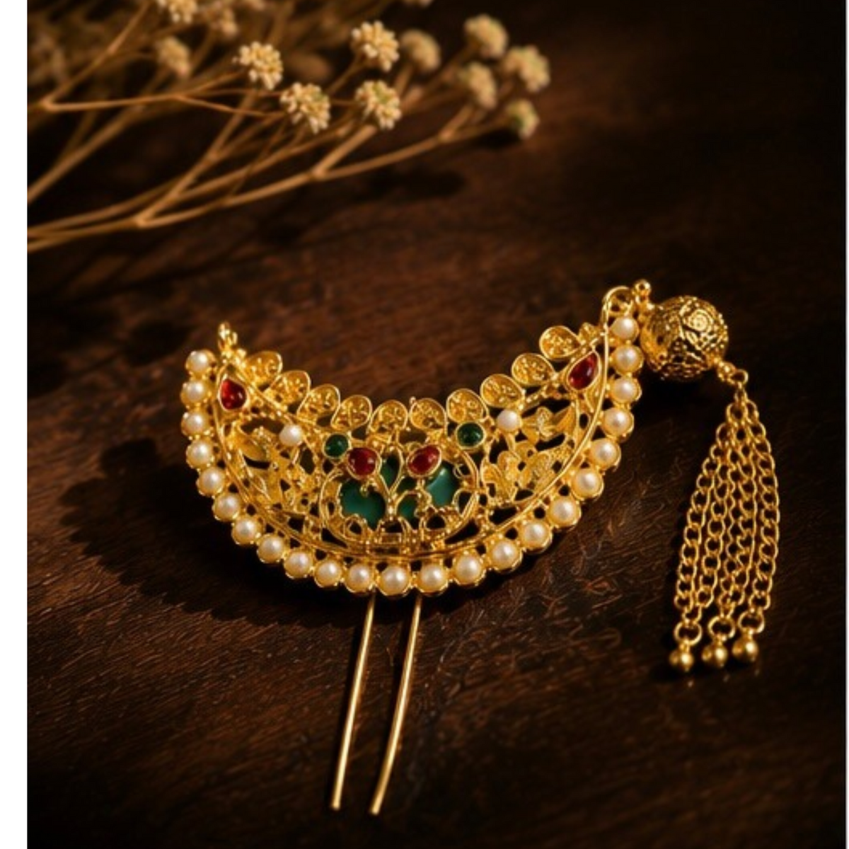 Gold-Plated Hairpin with Pearls, Kundan & Tassel