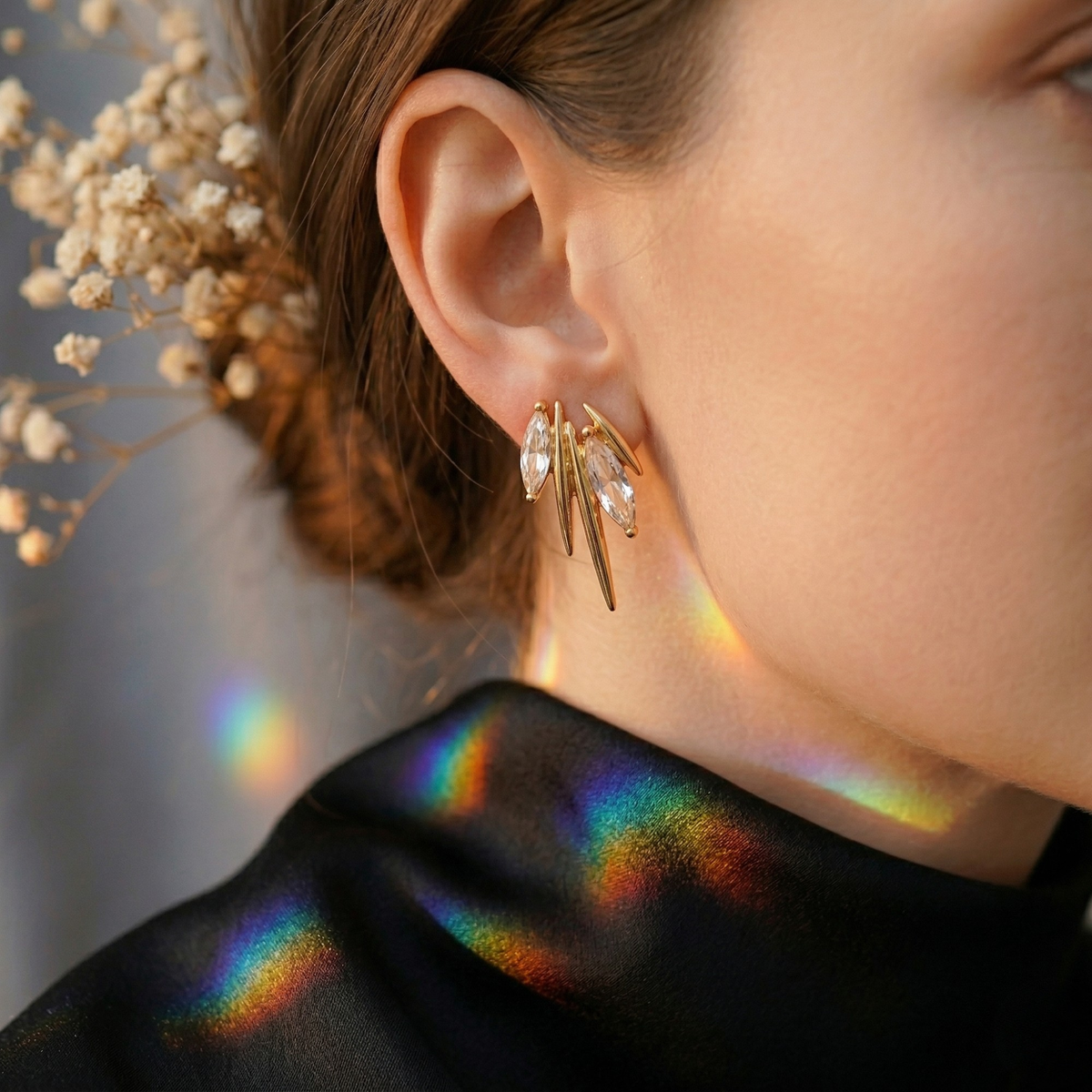 Gold Navette Crystal Ear Crawler Earrings