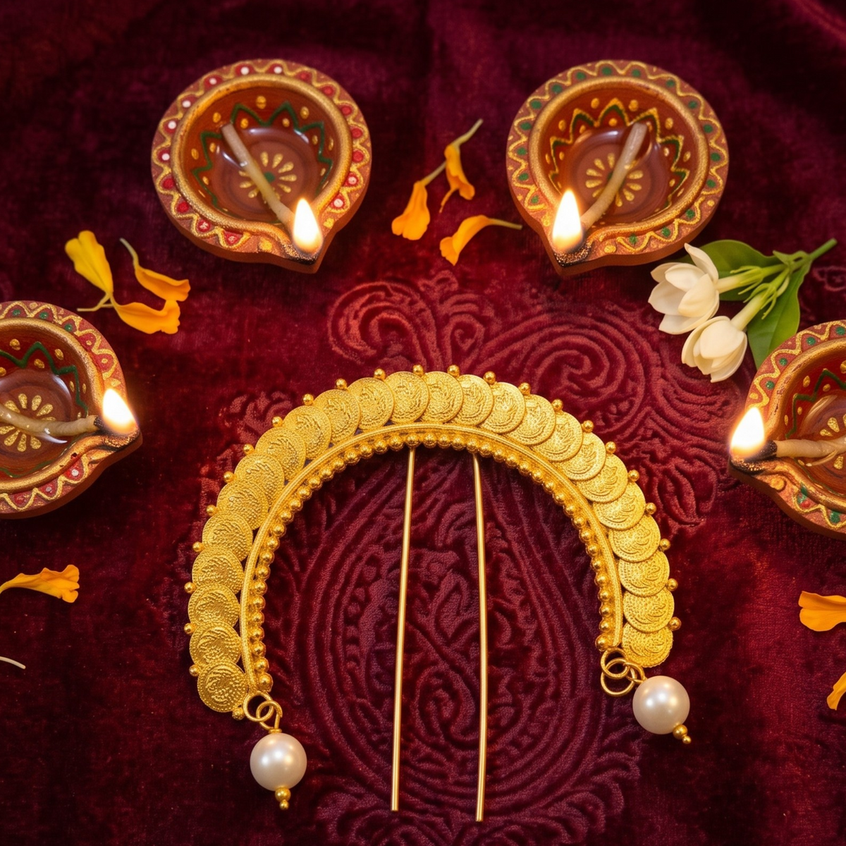 Gold Plated Kasu Arch Hair Pin with Pearl
