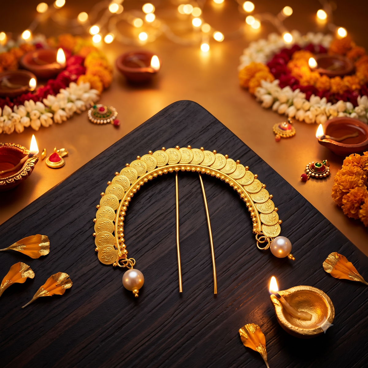 Gold Plated Kasu Arch Hair Pin with Pearl