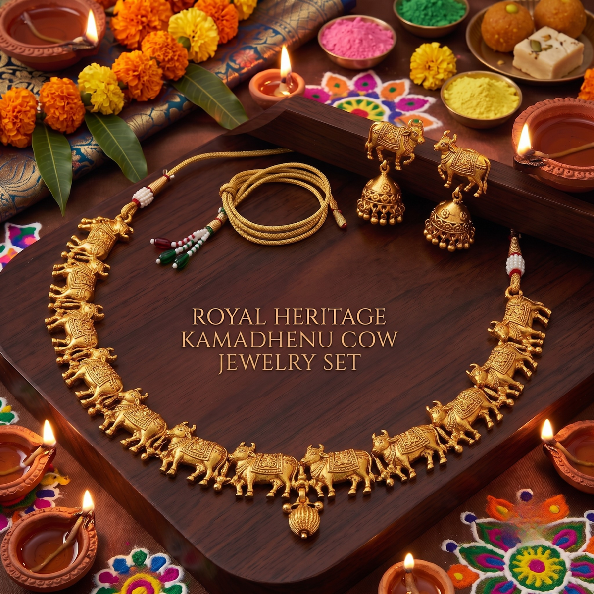 Golden Kamadhenu Cow Temple Necklace Set with Jhumkas