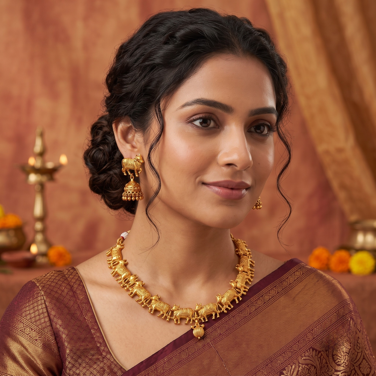 Golden Kamadhenu Cow Temple Necklace Set with Jhumkas