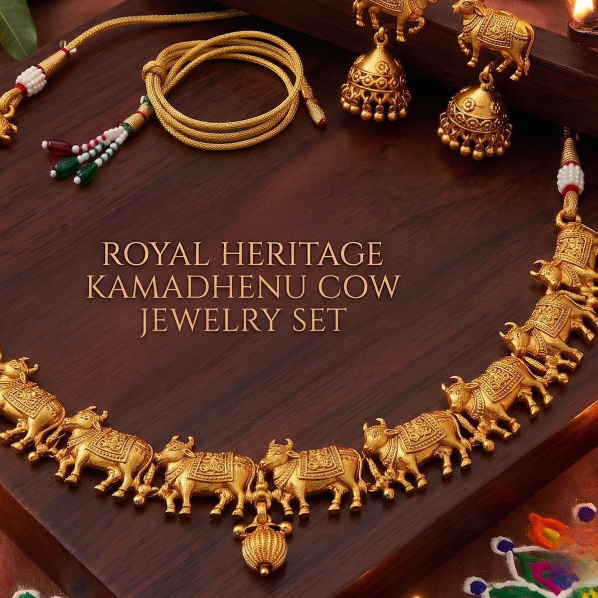 Golden Kamadhenu Cow Temple Necklace Set with Jhumkas
