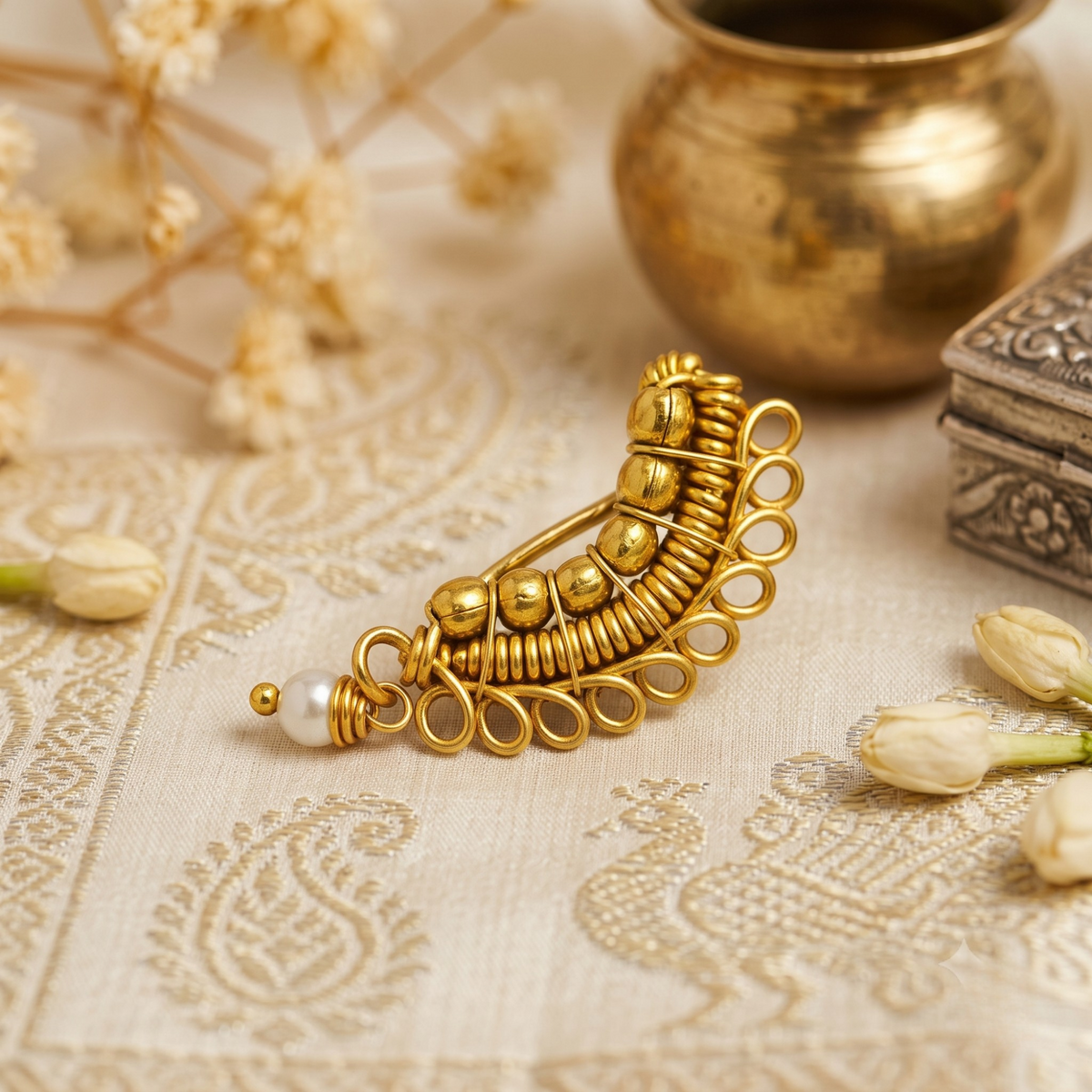 Handmade Maharashtrian Golden & Pearl Nath