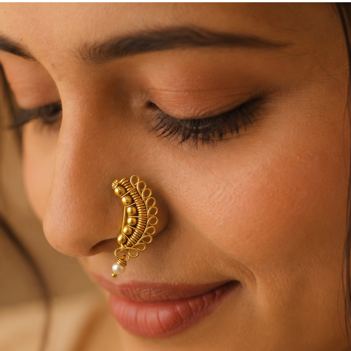 Handmade Maharashtrian Golden & Pearl Nath
