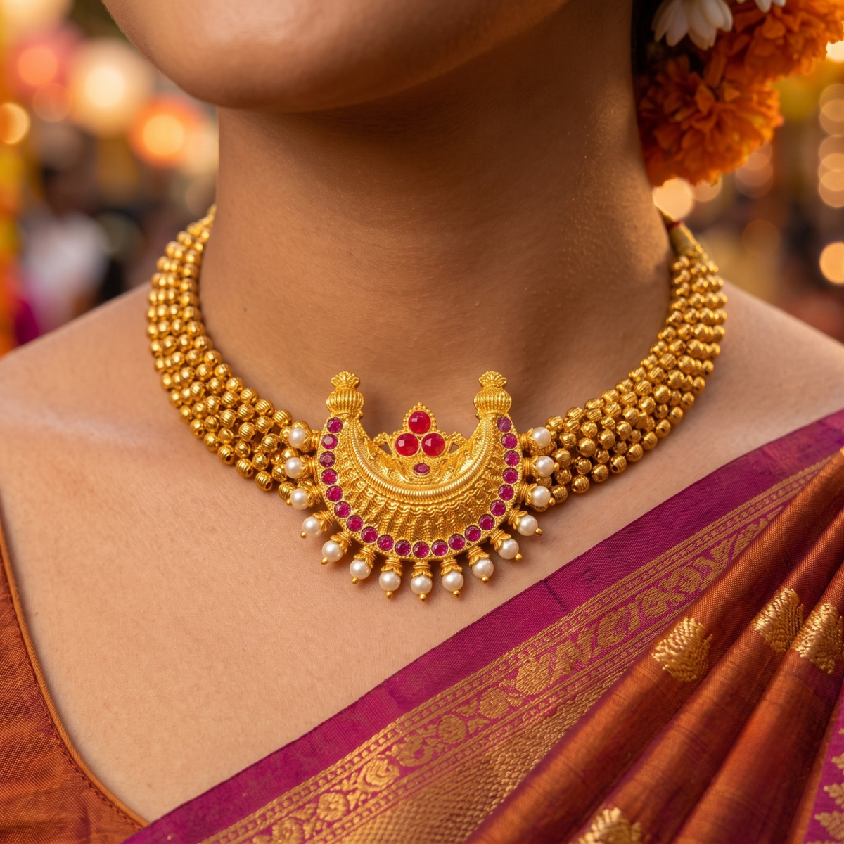 Maharashtrian Golden Ruby Thushi Choker