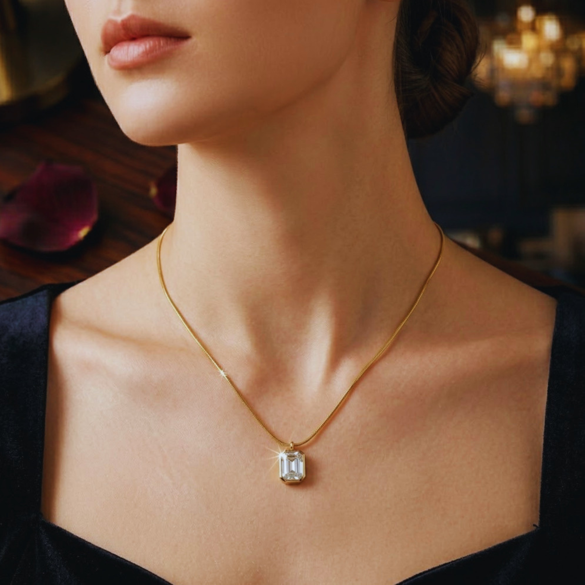 Emerald-Cut Clear Crystal Gold Pendant Necklace