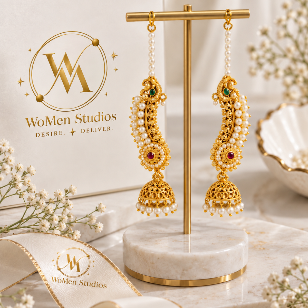 Gold-Plated Peacock Ear Cuff  with with Pearl Chain Jhumkas