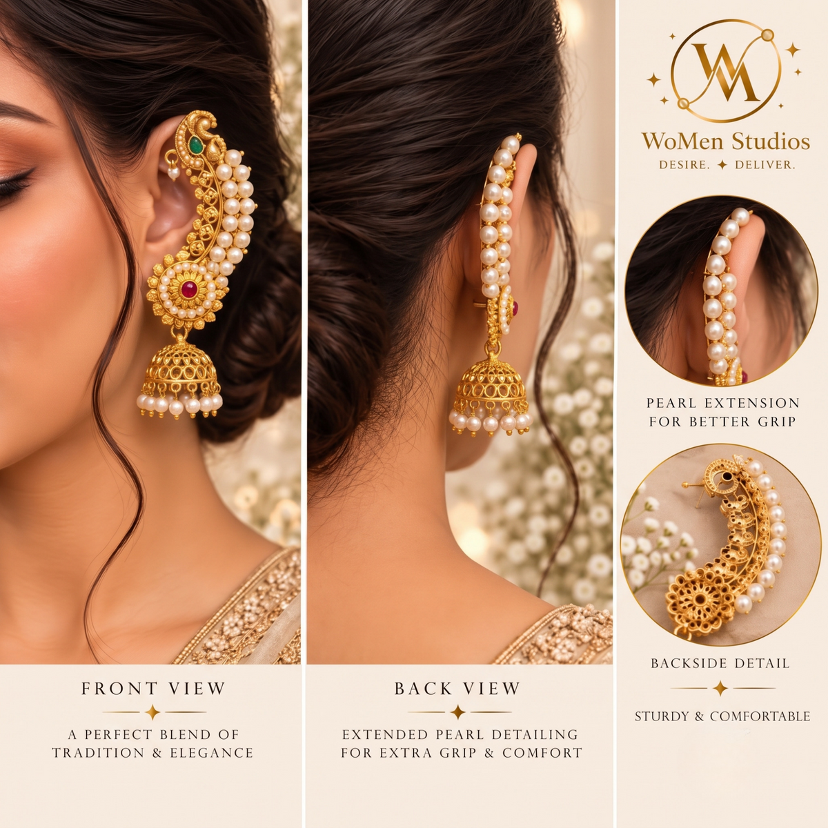 Gold-Plated Peacock Ear Cuff  with with Pearl Chain Jhumkas