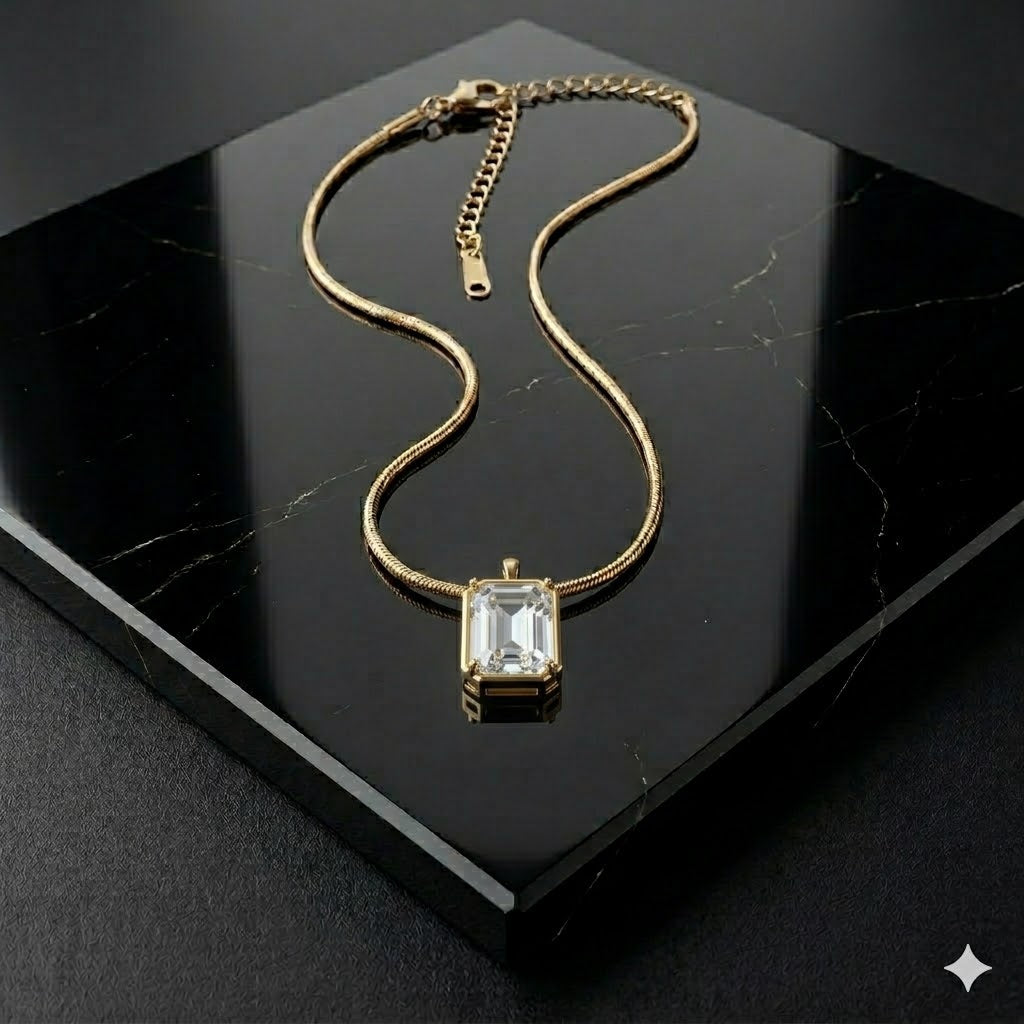 Emerald-Cut Clear Crystal Gold Pendant Necklace
